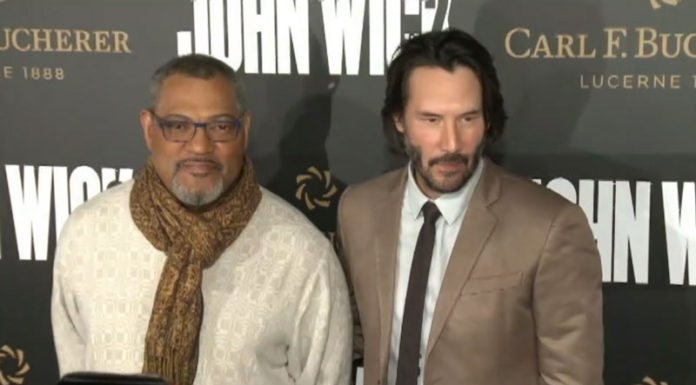 The Cast of the Matrix shows up at the John Wick 2 Premiere Laurence Fishburne and Keanu Reeves