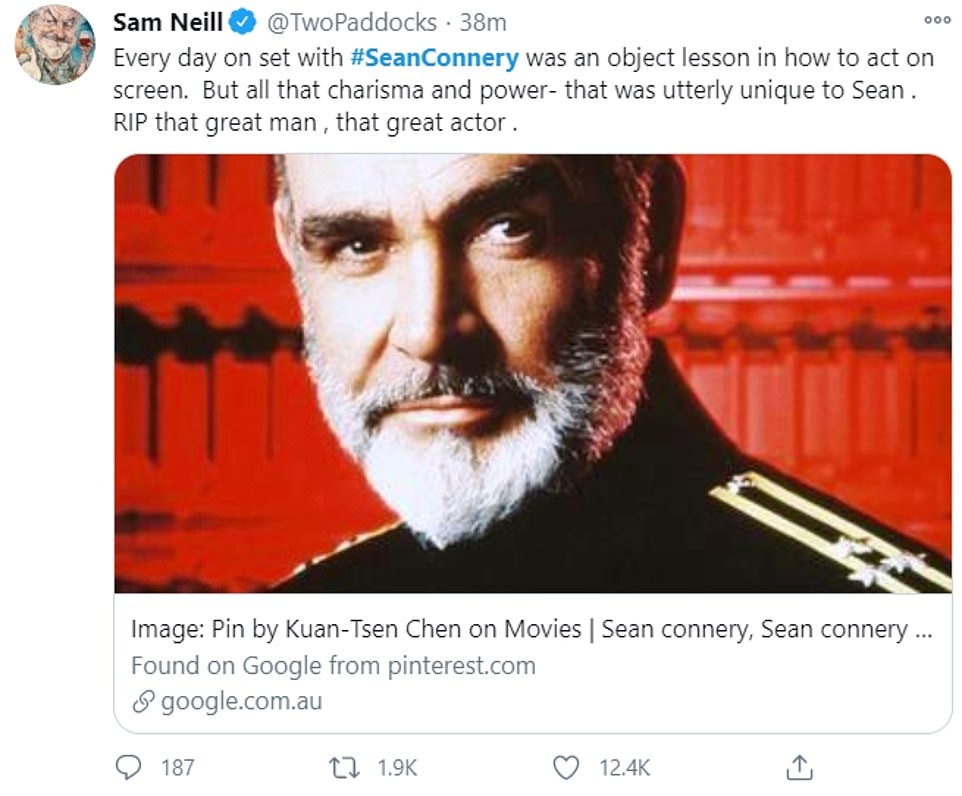 Looking back: Sam Neill, who starred with Connery in The Hunt For Red October (pictured), reminisced of their time together: 'Every day on set with #SeanConnery was an object lesson in how to act on screen'