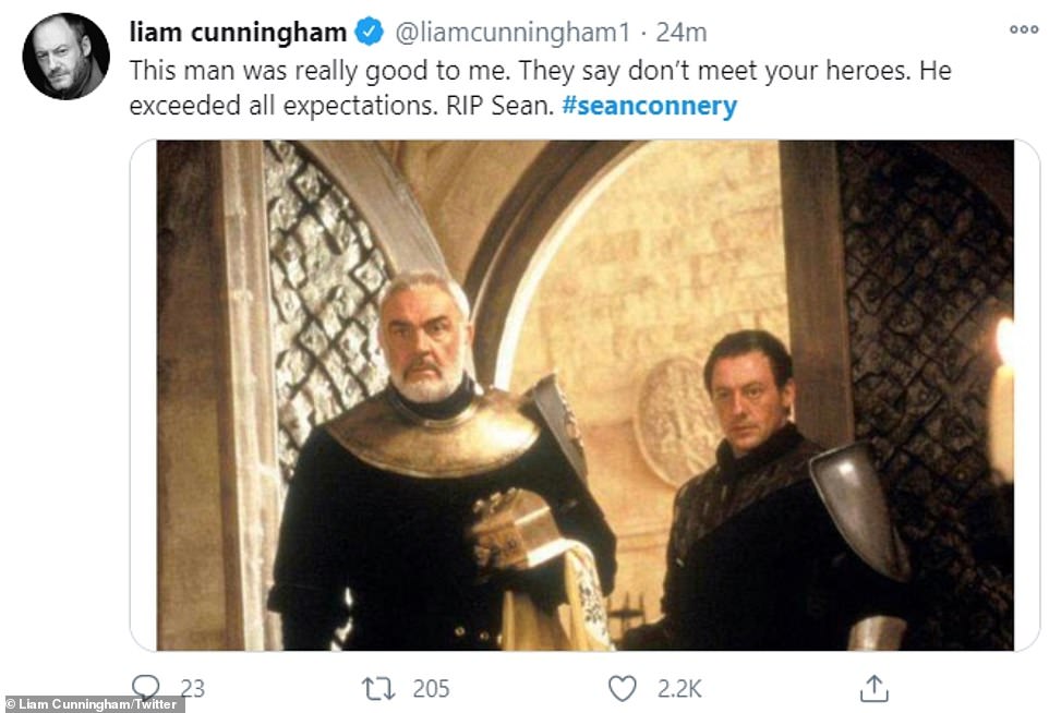 Former co-stars: Liam Cunningham penned a touching tribute to Sean, who he starred alongside in First Knight, and said Connery was 'really good to [him]' and 'exceeded all expectations'