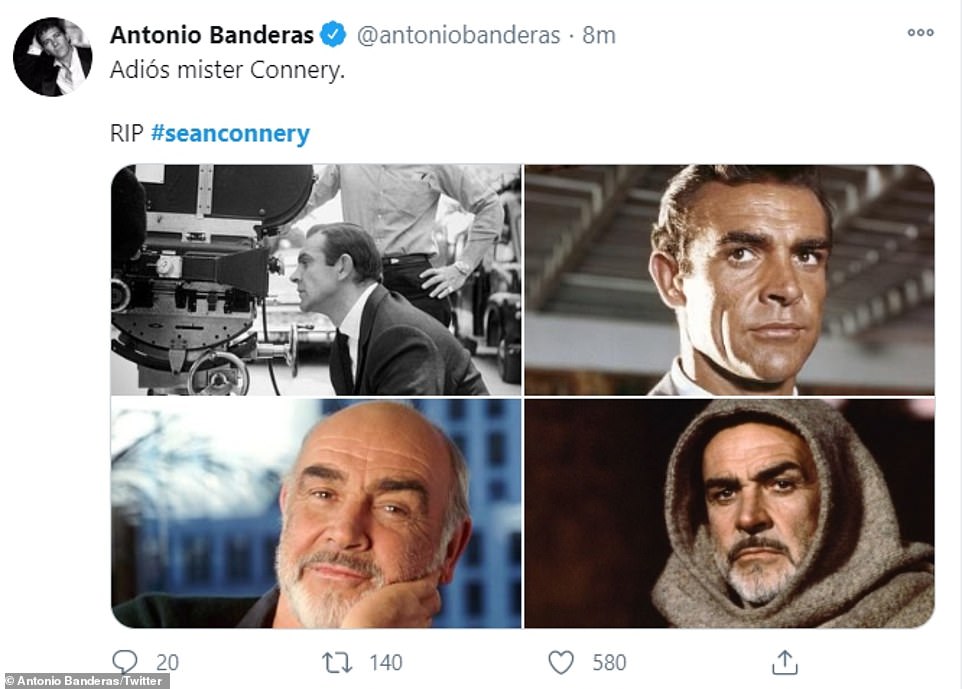 Farewell: Antonio Banderas shared a slew of snaps of Connery from over the years, writing: 'Adios mister Connery'