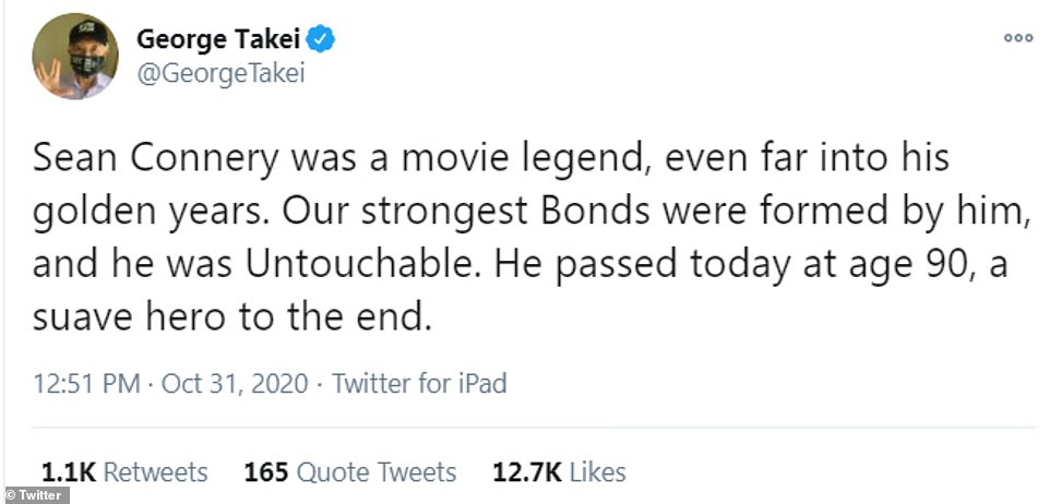 'A suave hero to the end': Star Trek actor George Takei said of the Oscar-winning actor: 'Sean Connery was a movie legend, even far into his golden years. Our strongest Bonds were formed by him'