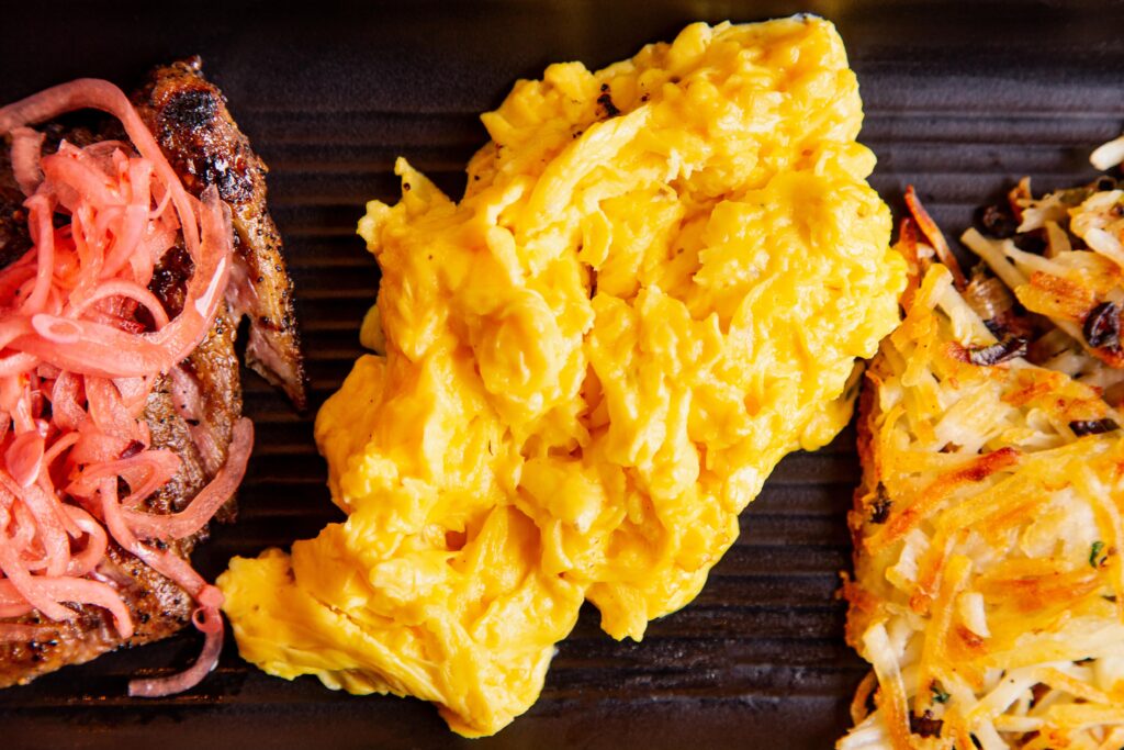 Kona Coffee Crusted Marinated steak and scrambled eggs