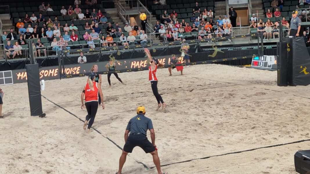AVP League's Austin Aces women's duo Kristen Nuss and Taryn Brasher on the defensive against Miami Mayhem at H-E-B Center Cedar Park in Austin, Texas.