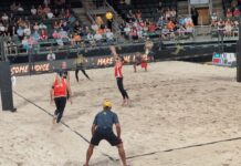 Can Austin Aces Overtake Miami Mayhem? AVP League Week 7 Pressure Cooker in ATX AVP League's Austin Aces women's duo Kristen Nuss and Taryn Brasher on the defensive against Miami Mayhem at H-E-B Center Cedar Park in Austin, Texas.