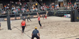 Can Austin Aces Overtake Miami Mayhem? AVP League Week 7 Pressure Cooker in ATX AVP League's Austin Aces women's duo Kristen Nuss and Taryn Brasher on the defensive against Miami Mayhem at H-E-B Center Cedar Park in Austin, Texas.