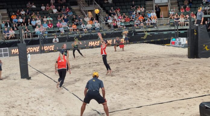 Can Austin Aces Overtake Miami Mayhem? AVP League Week 7 Pressure Cooker in ATX AVP League's Austin Aces women's duo Kristen Nuss and Taryn Brasher on the defensive against Miami Mayhem at H-E-B Center Cedar Park in Austin, Texas.