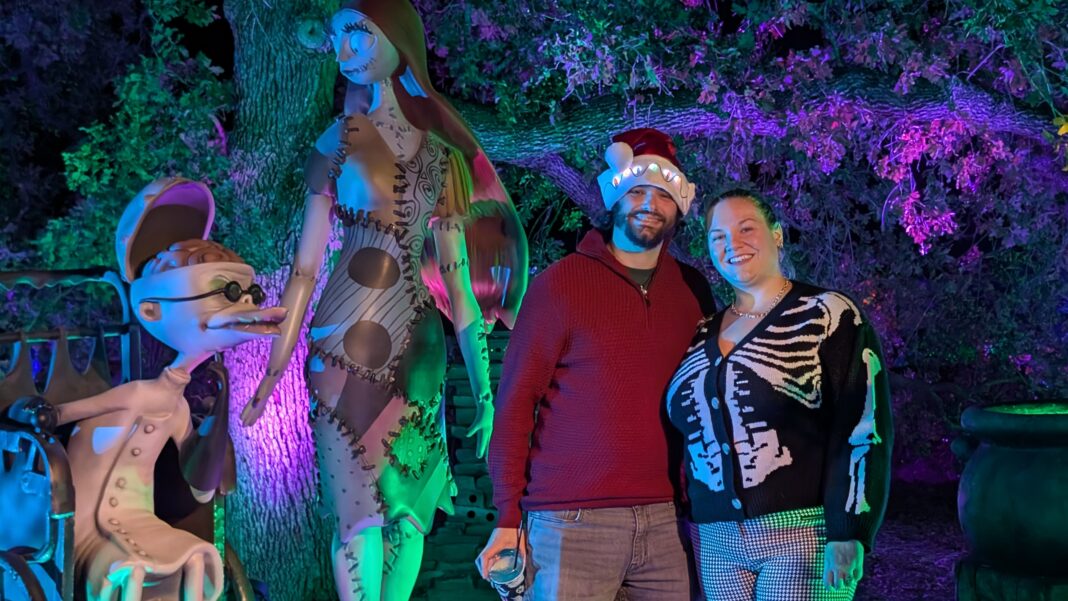 AR Media co-founders Andrew Rossow and Cassie Bilyeu attend Disney Tim Burton's Nightmare Before Christmas Light Trail in Austin, Texas at the LBJ Wildflower Center.