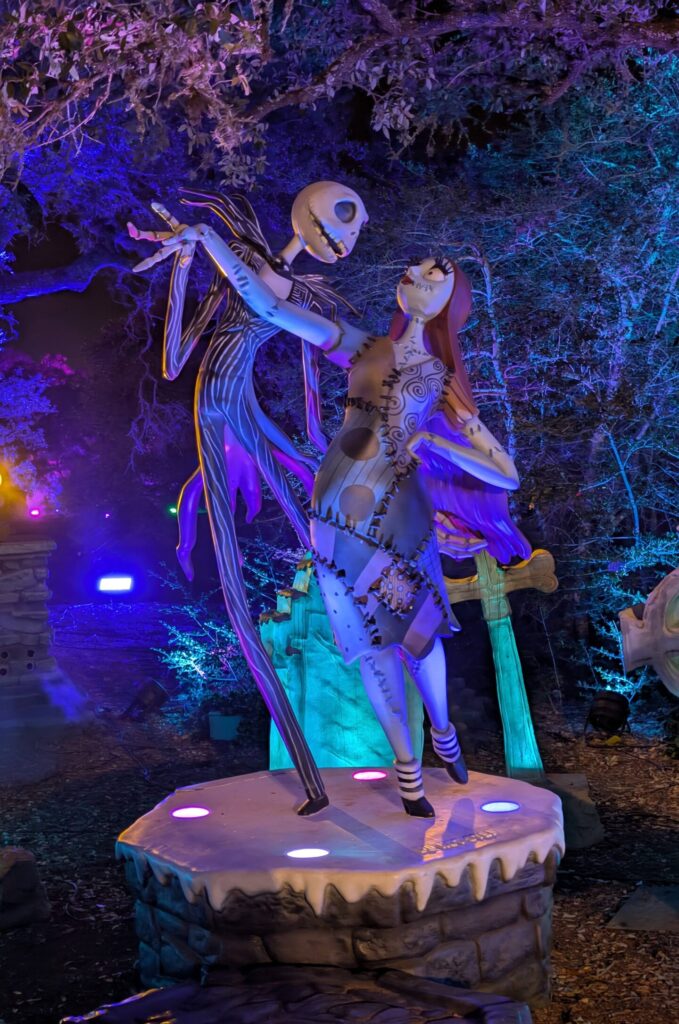 Jack Skellington and Sally light display at the LBJ Wildflower Center in Austin, TX (Nightmare Before Christmas Light Trail)