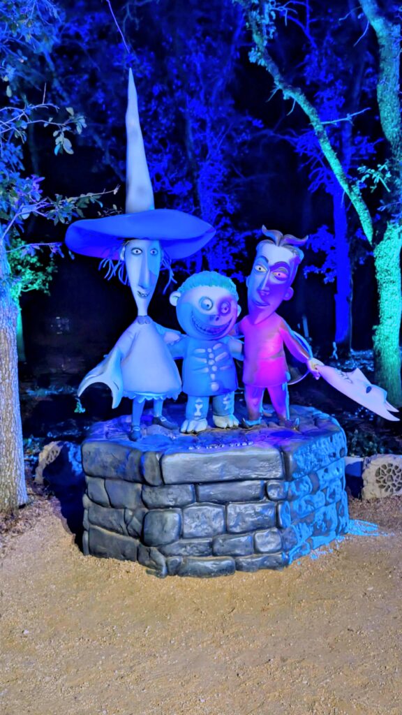 Lock, Shock, and Barrel display on the Nightmare Before Christmas Light Trail at Lady Bird Johnson Wildflower Center, Austin