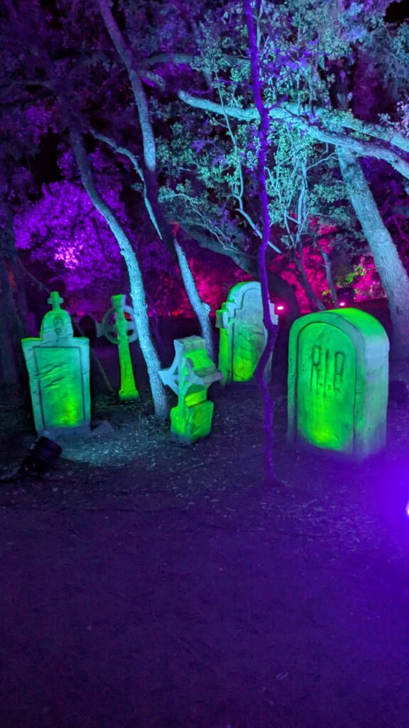 Light-up tombstones and graveyard scene from Nightmare Before Christmas Light Trail, Austin