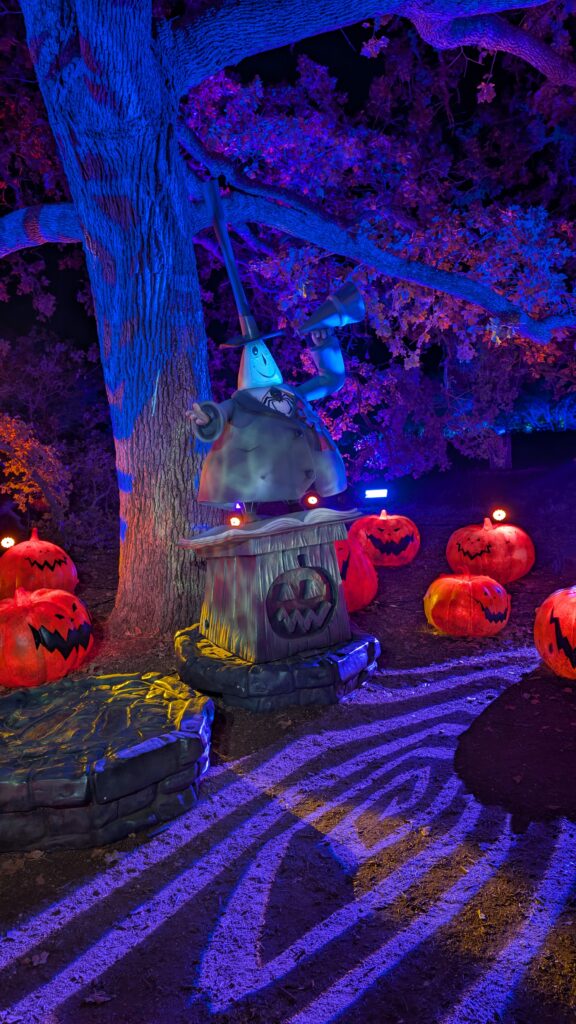 The Mayor of Halloween Town with his revolving head light display at Nightmare Before Christmas Light Trail, Austin TX