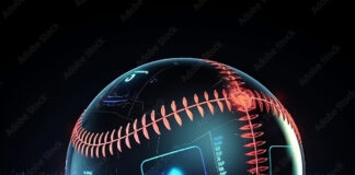 Welcome to ClutchWith2Out: An Engineering Approach to Card Collecting A high-tech baseball with digital HUD overlays showing velocity and trajectory data, representing an analytical approach to the game and card collecting.