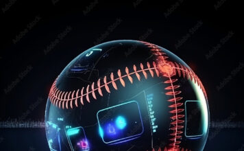 Welcome to ClutchWith2Out: An Engineering Approach to Card Collecting A high-tech baseball with digital HUD overlays showing velocity and trajectory data, representing an analytical approach to the game and card collecting.