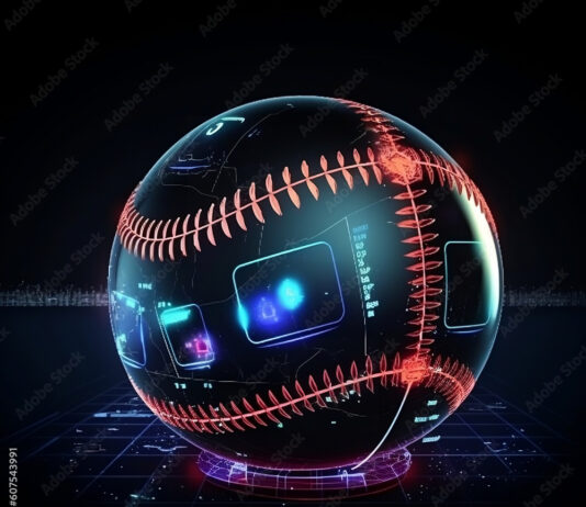Welcome to ClutchWith2Out: An Engineering Approach to Card Collecting A high-tech baseball with digital HUD overlays showing velocity and trajectory data, representing an analytical approach to the game and card collecting.
