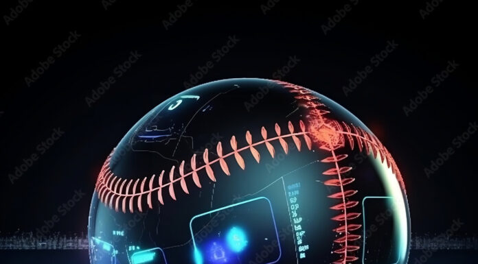 Welcome to ClutchWith2Out: An Engineering Approach to Card Collecting A high-tech baseball with digital HUD overlays showing velocity and trajectory data, representing an analytical approach to the game and card collecting.