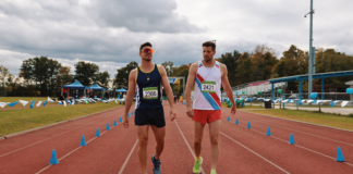 Robbie Amell talks about starring in the new sports comedy ‘Racewalkers’ Robbie Amell and Kevin Claydon in 'Racewalkers'