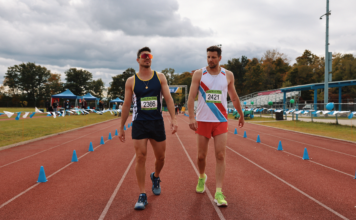 Robbie Amell talks about starring in the new sports comedy ‘Racewalkers’ Robbie Amell and Kevin Claydon in 'Racewalkers'