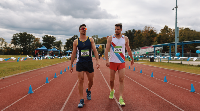 Robbie Amell talks about starring in the new sports comedy ‘Racewalkers’ Robbie Amell and Kevin Claydon in 'Racewalkers'