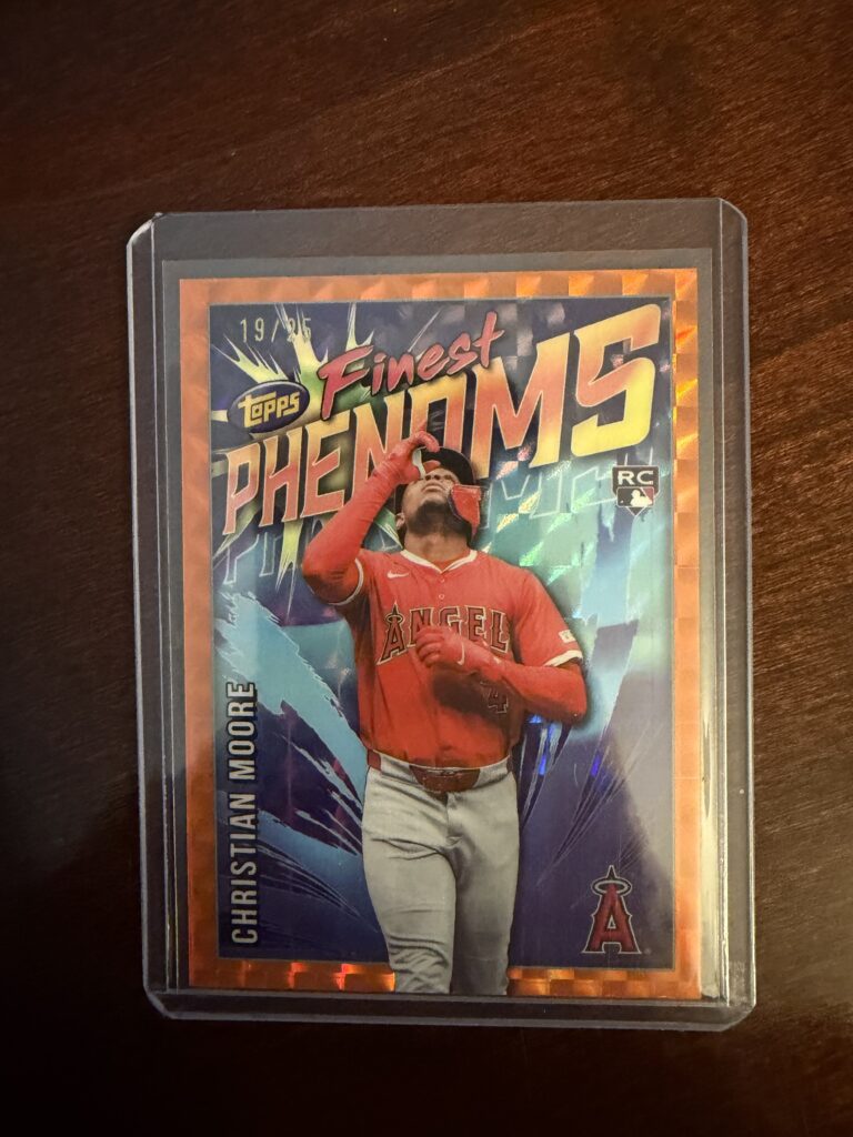 Christian Moore Topps Finest Phenoms 2026 Rookie Card out of 25, won in a card break auction in 2026 on e-bay.