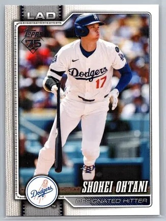 Shohei Ohtani drops his bat and begins to run while watching the ball he hit in play during the 2026 season, courtesy of Topps.